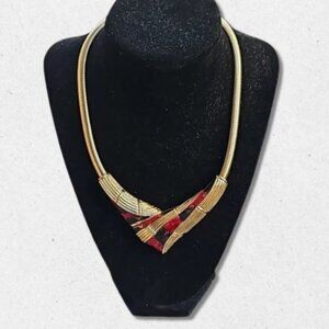 Gold Tone Snake Chain Collar Necklace V-Shaped Centerpiece Red/Blue Women's OS